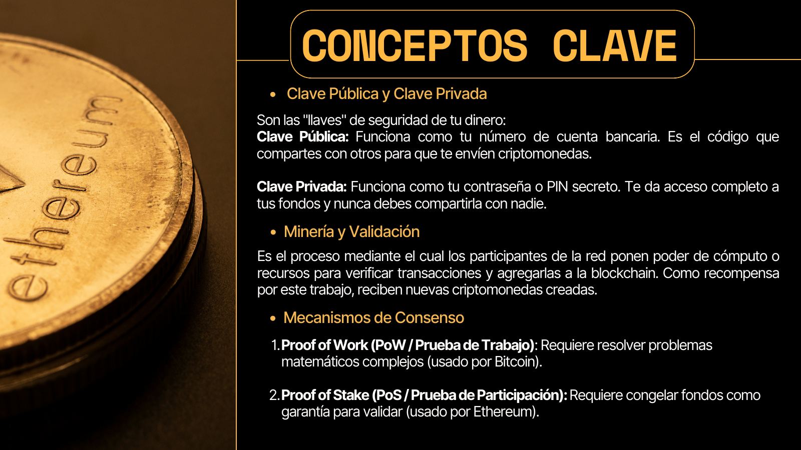 Diapositiva 5 de 14. Conceptos clave: clave pública y privada, minería y mecanismos de consenso.